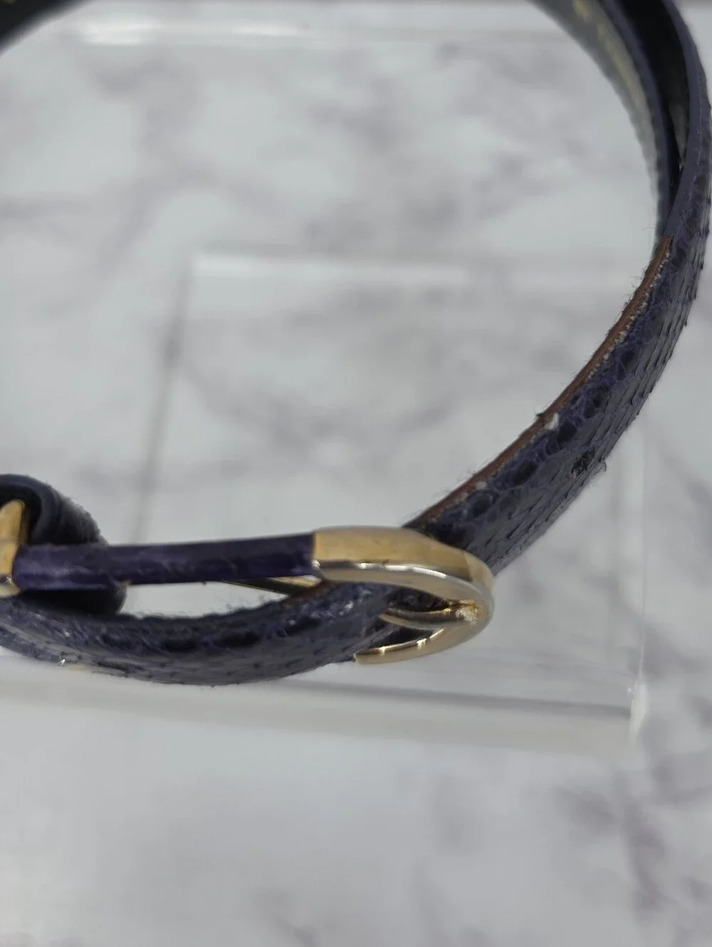 Vintage Snakeskin Leather Slender Purple Belt with Gold Tone Buckle 80s